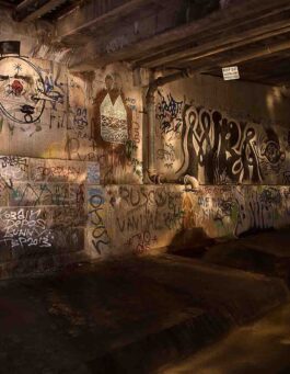 An underground concrete tunnel with graffiti covering the walls and a drain in the floor.