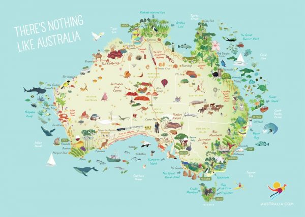 MAP OF AUSTRALIA An illustrated, cartoon map of Australia featuring drawings of its wildlife and landmarks.