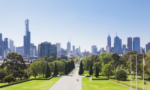 The Melbourne skyline viewed from the landscaped park of the Shrine of Remembrance.