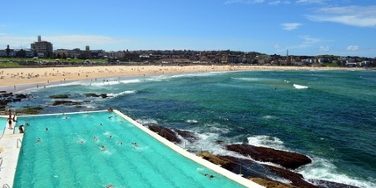 An aerial view of the Bondi Icebergs ocean pool next to Bondi Beach in Sydney.