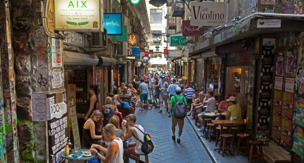 summary01-2 A bustling laneway with people dining at cafes in Melbourne, Australia.