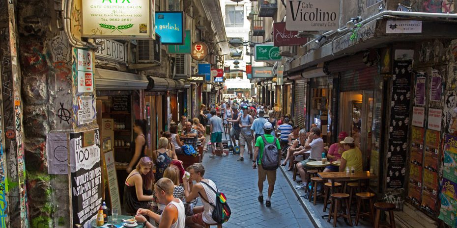 summary01-2 A bustling laneway with people dining at cafes in Melbourne, Australia.